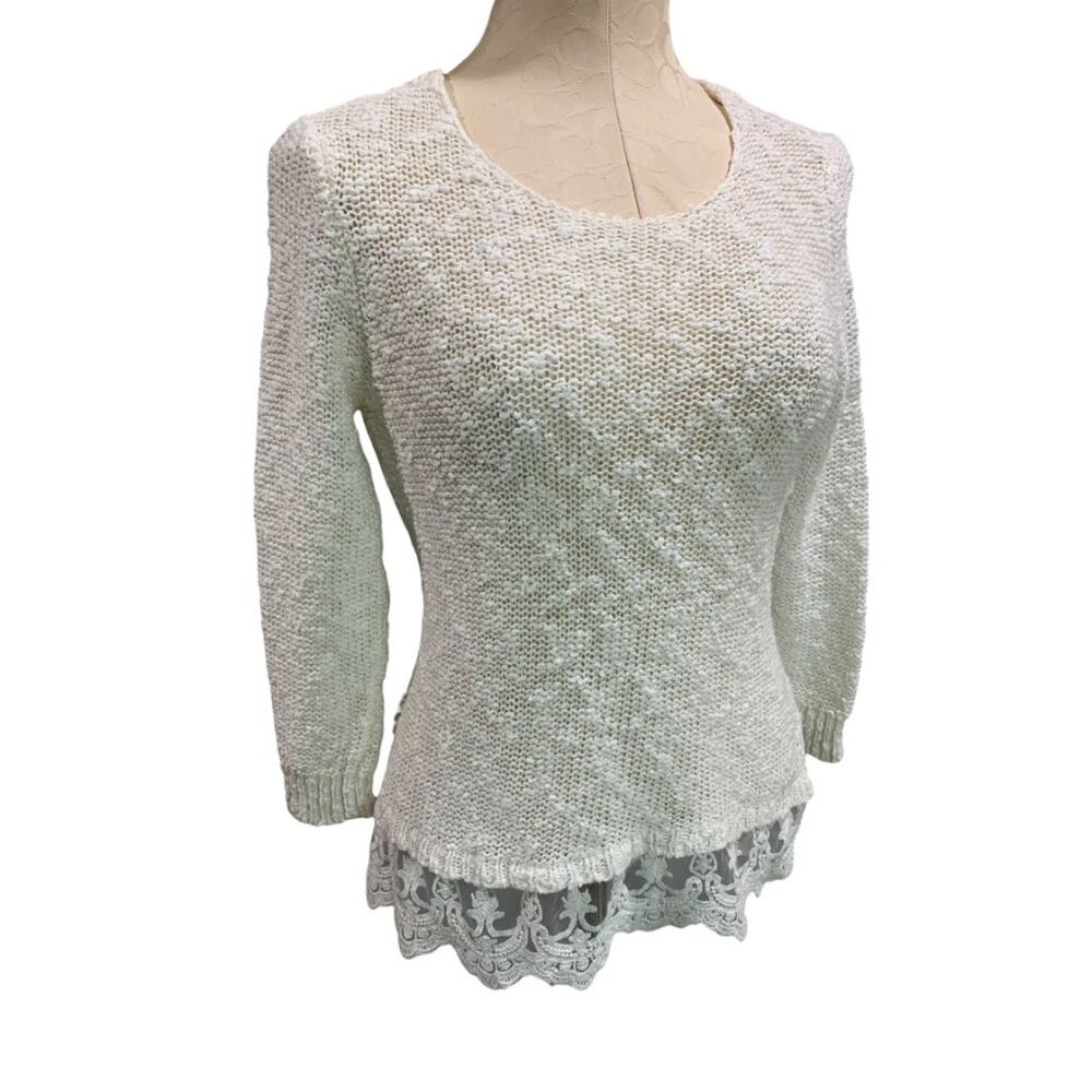 Small Cato Womens White Loose Knit Sweater Lace Flounce Hem
